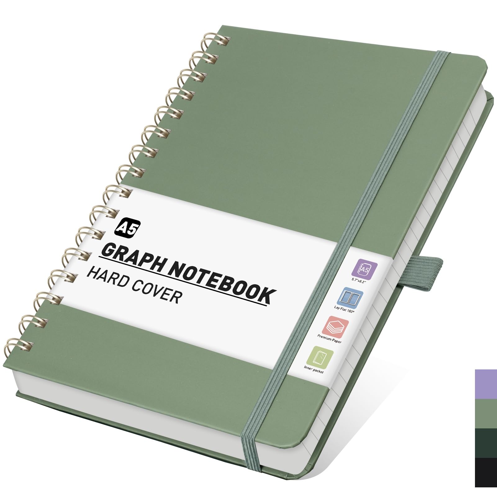 PYNEX A5 Graph Paper Notebook, Hardcover Squared Journal for Women,140 Pages, Writing Notebook for Work, Study - Sage Green