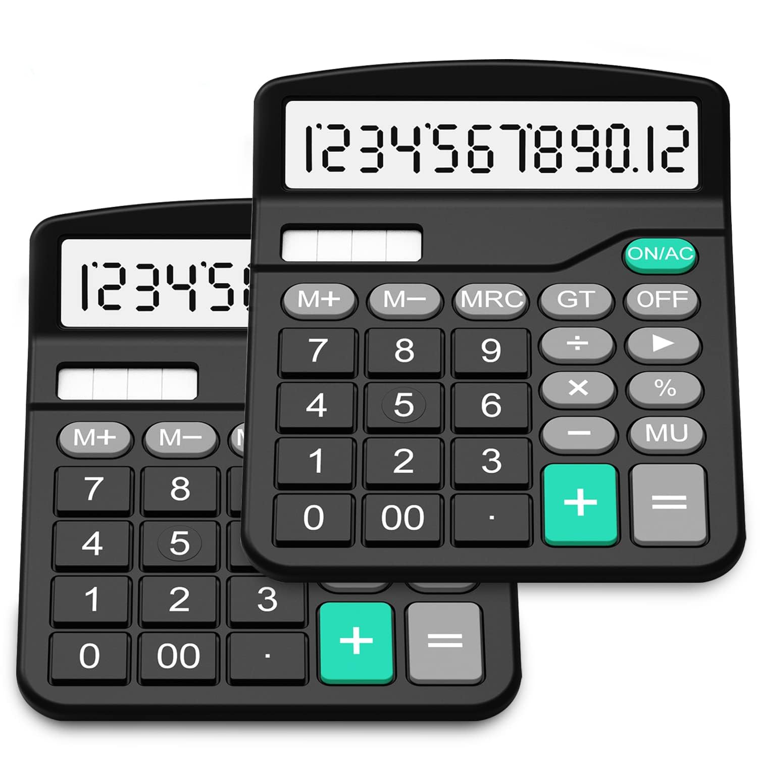 TERRIFI 2 Pack Standard Function Calculator, Solar & Battery Power 12 Digit Display Big Button Desktop Calculators, Suitable for Home and Office (Black)