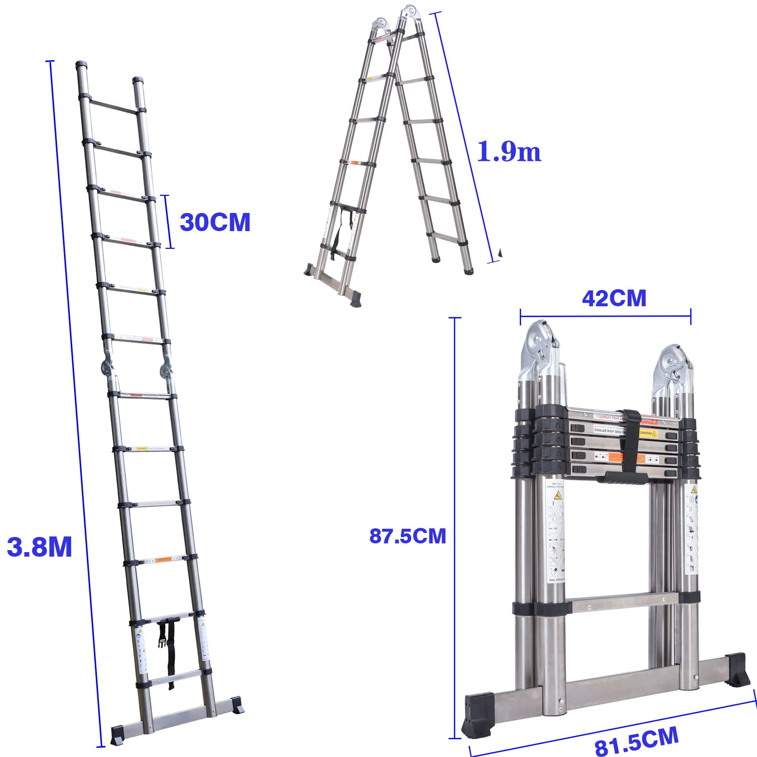 Escalera telescópica de 3,8 m con estabilizador, 1,9 m + 1,9 m, portátil, multiusos, con pies de goma antideslizantes, escalera extensible, escalera plegable, escalera de acero inoxidable, 150 kg,