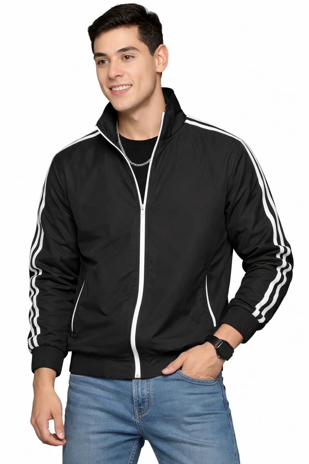 Men's Track Jacket, Black with White Stripes, Full Zip, Athletic Sportswear Style