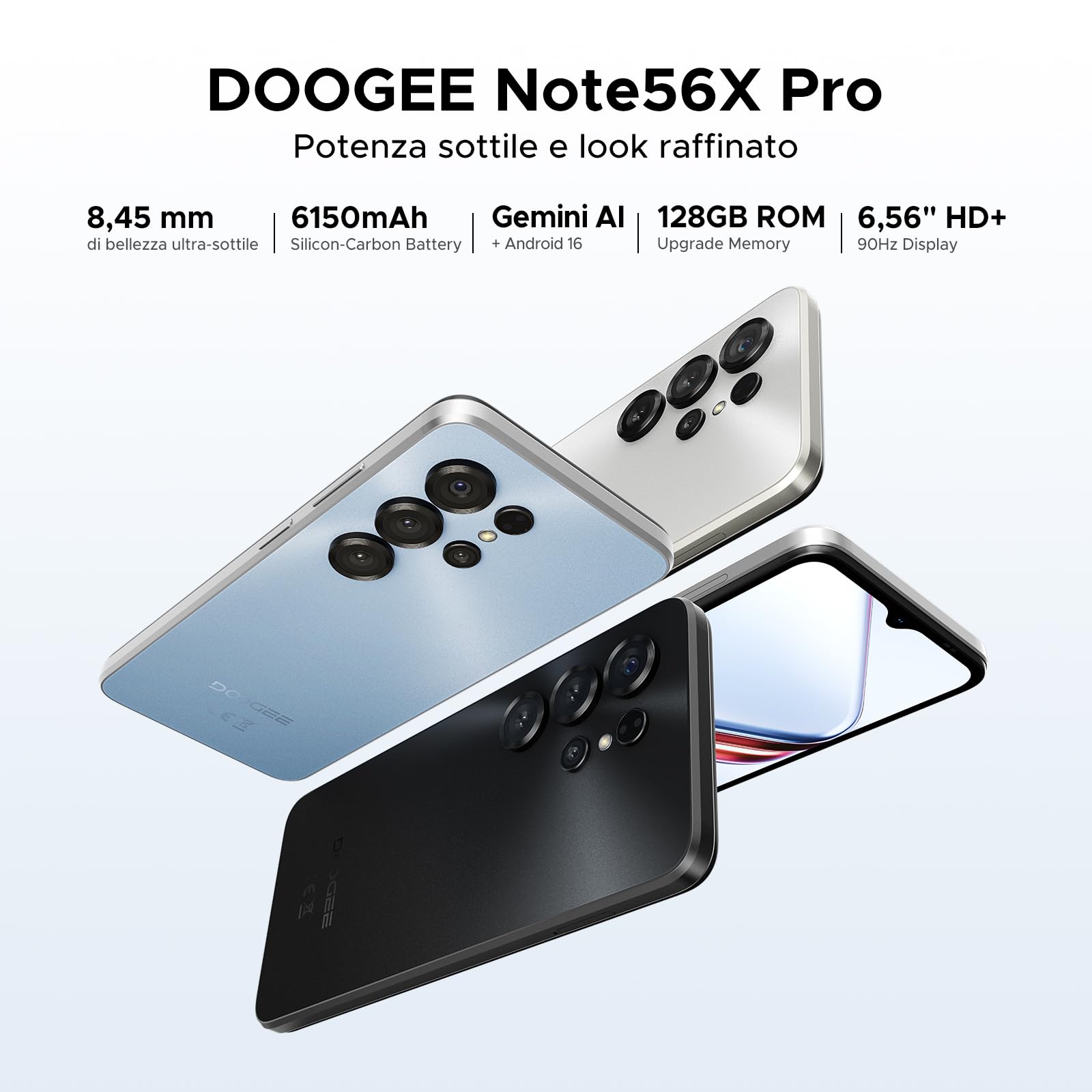 DOOGEE NOTE 56X PRO Android 16 Smartphone, 6150mAh Batteria,UNISOC T7225 Telefono, 6.56"HD+90Hz Display, 32GB+128GB, 13MP+8MP Cellulare, NFC/Widevine L1/Face Unlock/Side Fingerprint Recognition, Plain