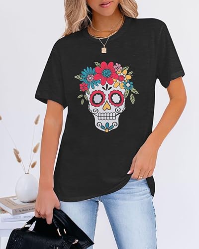 Miniatura 4 de Camisetas de manga corta con diseño de calavera de azúcar para mujer, diseño de calavera y Día de los Muertos