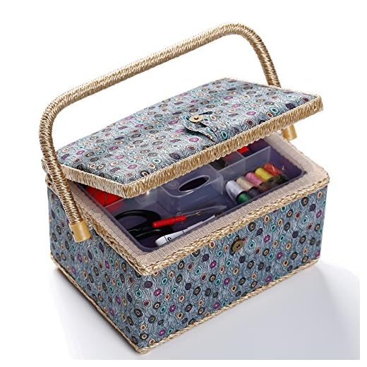 bbloop Medium Vintage Sewing Basket with Notions Package - Blue Peacock Style