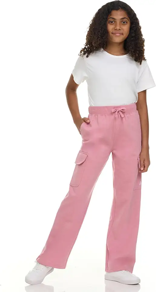 New Balance Girls Cargo Sweatpants – Soft Cotton Fleece Blend Pull-On Wide Leg Open Bottom Sweats Drawstring, Sizes 4-16