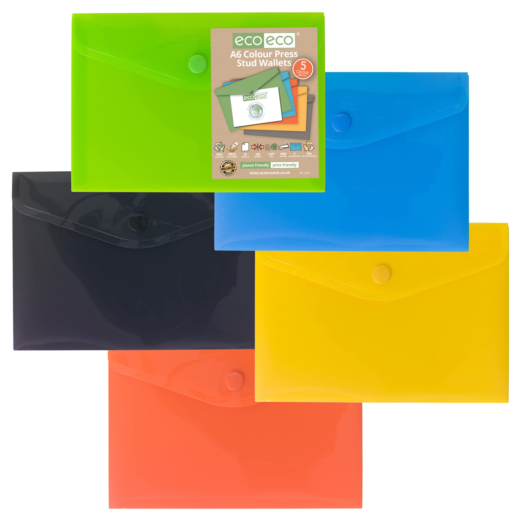 eco-eco A6 50% Recycled Assorted Colours Press Stud Popper Wallet, Plastic Folders (Pack of 5), eco078