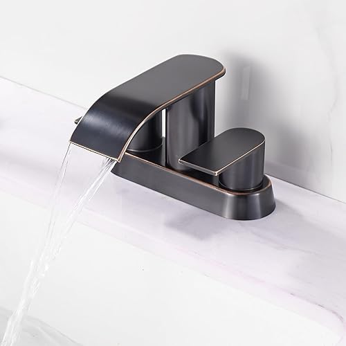 Miniatura 9 de Grifo de lavabo de baño en cascada de 4 pulgadas, 2 manijas, bronce aceitado sin plomo, grifo de baño con drenaje desplegable, 2 o 3 agujeros, grifo