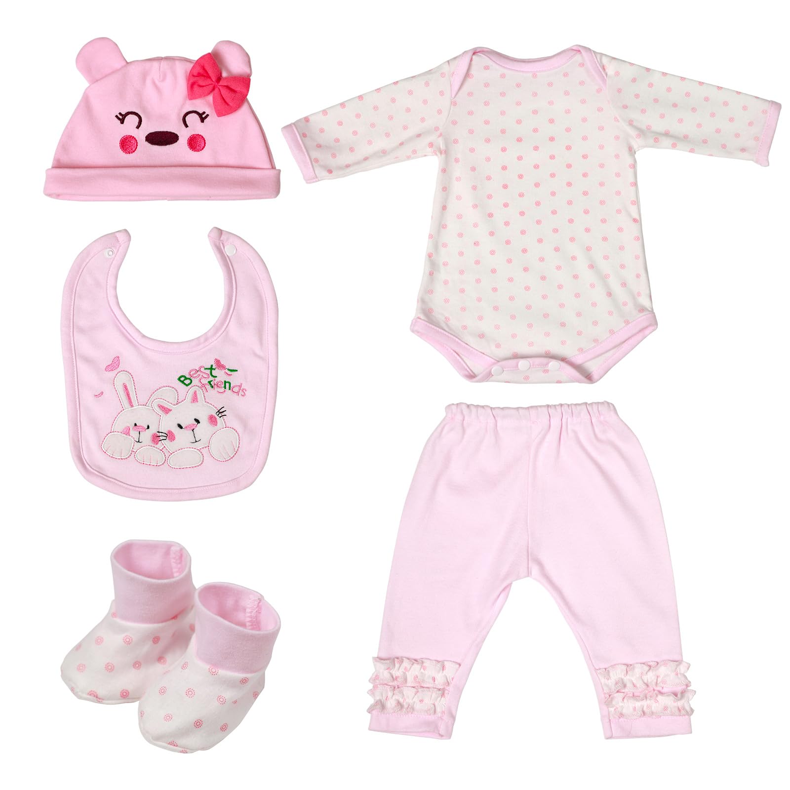 Reborn Baby Dolls Clothes Pcs Pink Set Romper, Pants, Socks, Bib, Hat  for 17-22 Inch Newborn Baby Doll Girl Outfit Accessories 22 Inch Doll