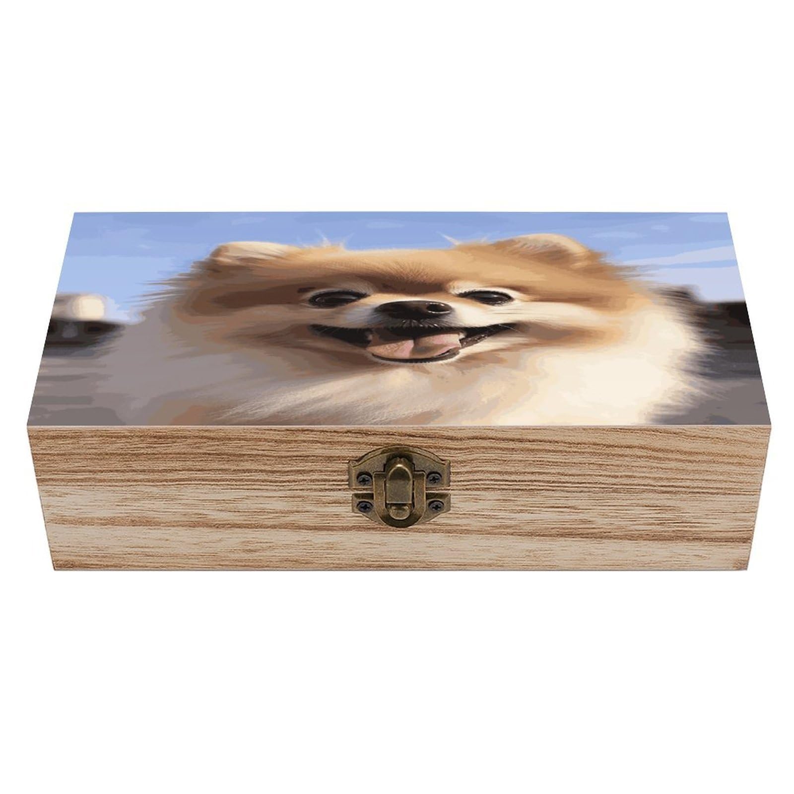 Btcowzrv Style Happy Pomeranian Wooden Storage Box, Keepsake Box With Hinged And Retro Lock, Wood Jewelry Organizer For Photos & Mementos And Home Decor