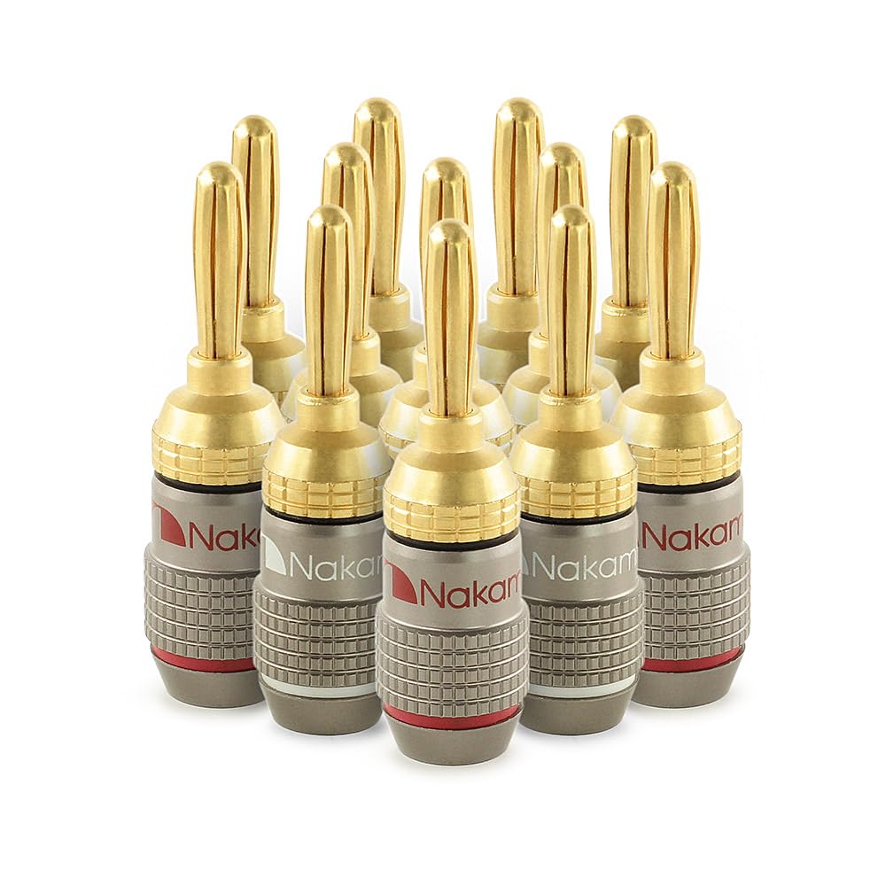 Nakamichi FanLock Excel Series 24k Gold Plated Banana Plug 10 AWG - 18 AWG Gauge Size 4mm for Speakers Amplifier Hi-Fi Stereo Home Theatre Radio Audio Wire Cable Quick Connector 12 Pcs (6-Pairs)