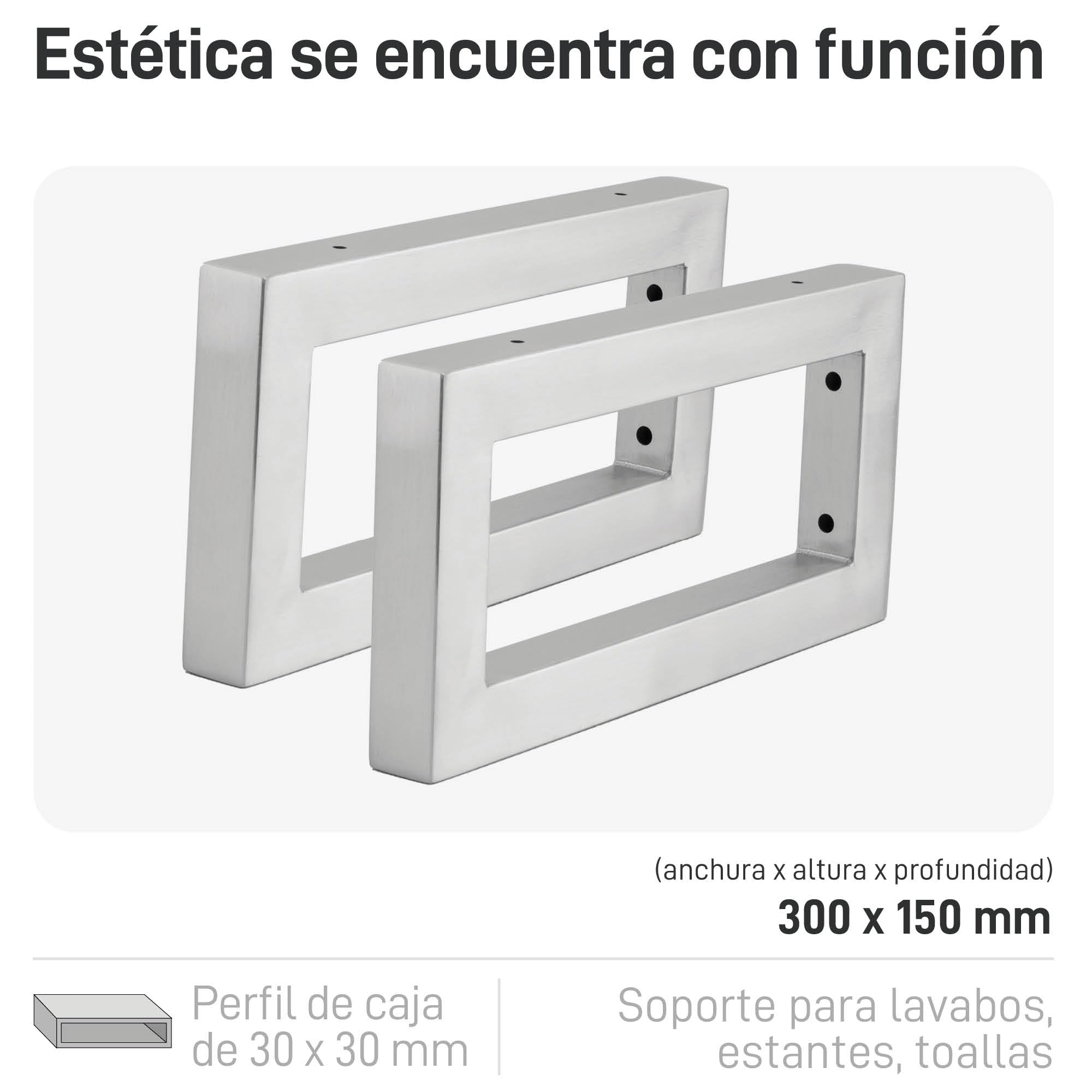 Natural Goods Berlin 2X Escuadras para Estanterías Rectangular | Soporte para Estante de Pared y Lavabo | Montaje en Pared Sencillo | Soporte de Acero Inoxidable | Toalleros de Baño | 300 mm
