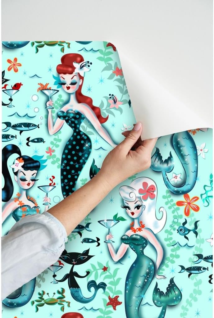 Peel & Stick Wallpaper 3ft x 2ft - Midcentury Mod, Mermaids, Martini, Retro, Cocktail, Aqua, Cat, Starfish, Vintage, Kistch, Mod Custom Removable Wallpaper by Spoonflower