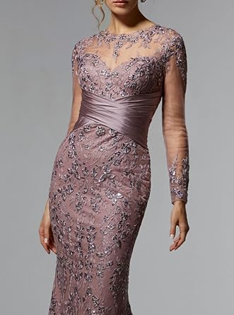 Women's Lace Formal Gown - Long Sleeve, Sheer Back & Mermaid Design for Gala Events