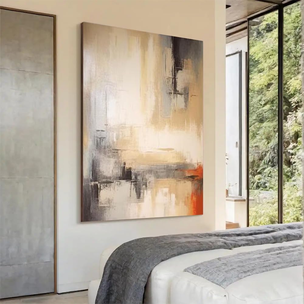 Uudezo With Frame Wabi-Sabi Large Abstract Oil Painting On Fabric Neutral Apricot Gray Orange Mural Original Wall Decor For Living Room(50X75cm(20X30inch)