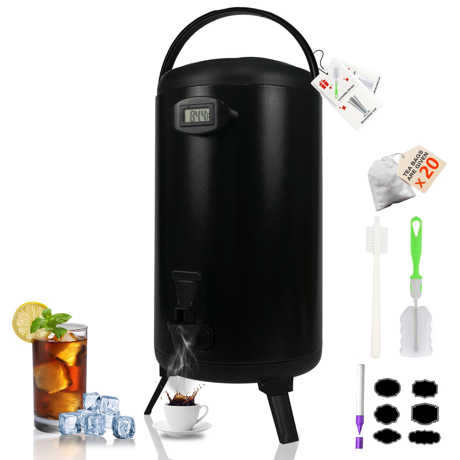 Insulated Beverage Dispenser 3.2 Gallon - Thermal Hot Beverage Dispenser, Hot and Cold Drink Dispenser with Spigot for Hot Water Coffee Chocolate Tea Cold Milk Cocoa, Black, Non-electric, US-NEW