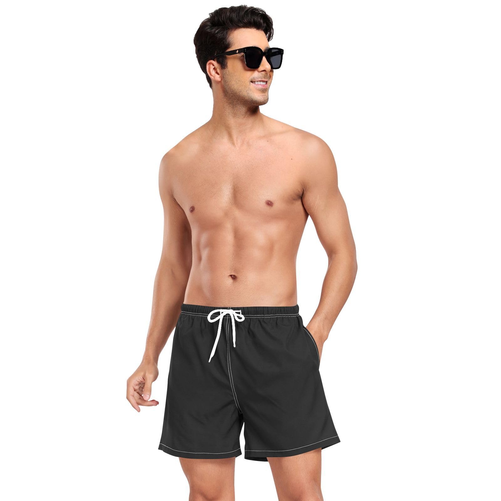 Solid Color Pure PlainSwimming Trunks for Men Men's 2 Layer Workout Shorts with Compression Liner and Pockets Board Swimming Shorts Quick Dry