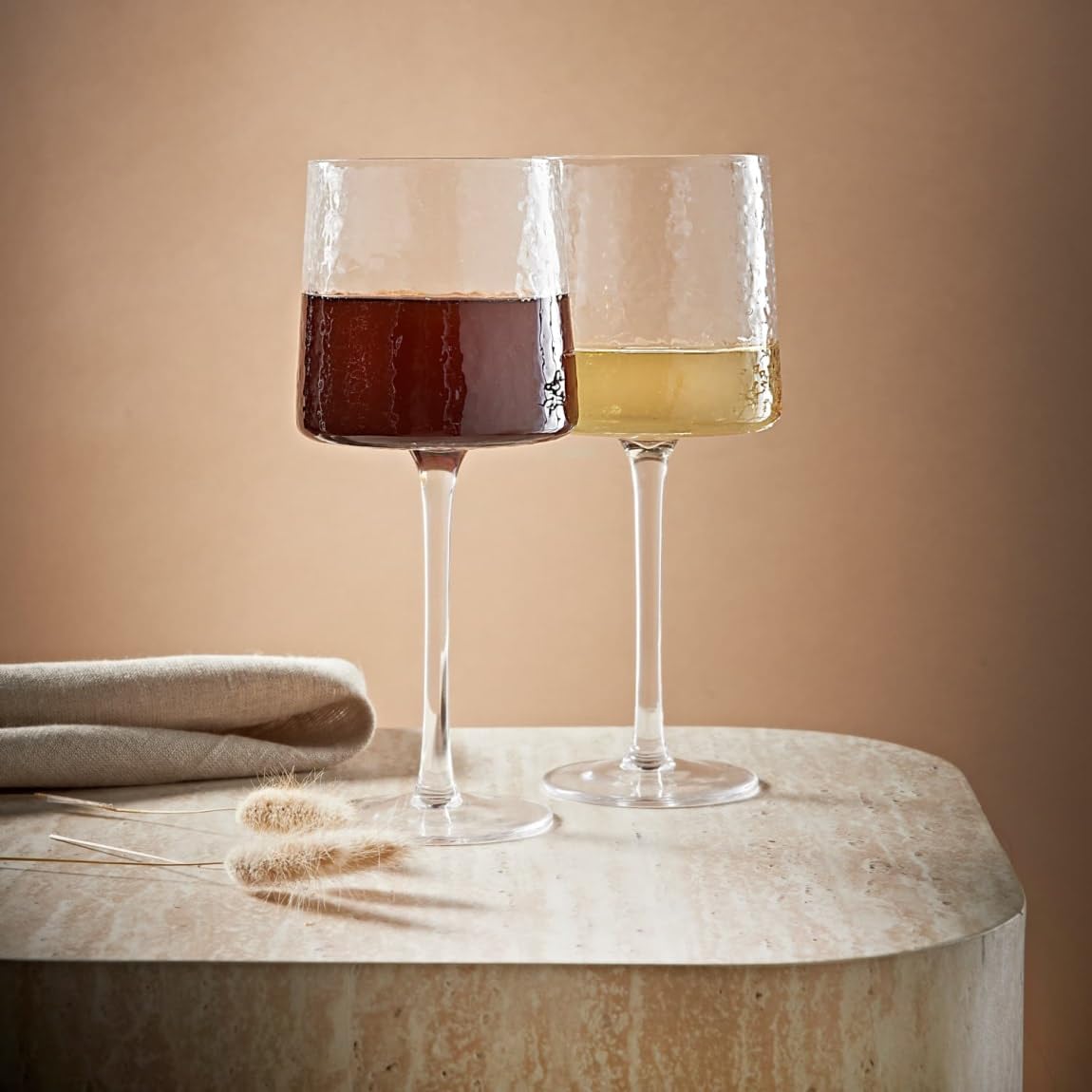 New Hammered Wine Glasses Set of 2 – Elegant Clear Glassware for Red or White Wine | Stylish Textured Glass Design for Dinner Parties 2 Pack A-09