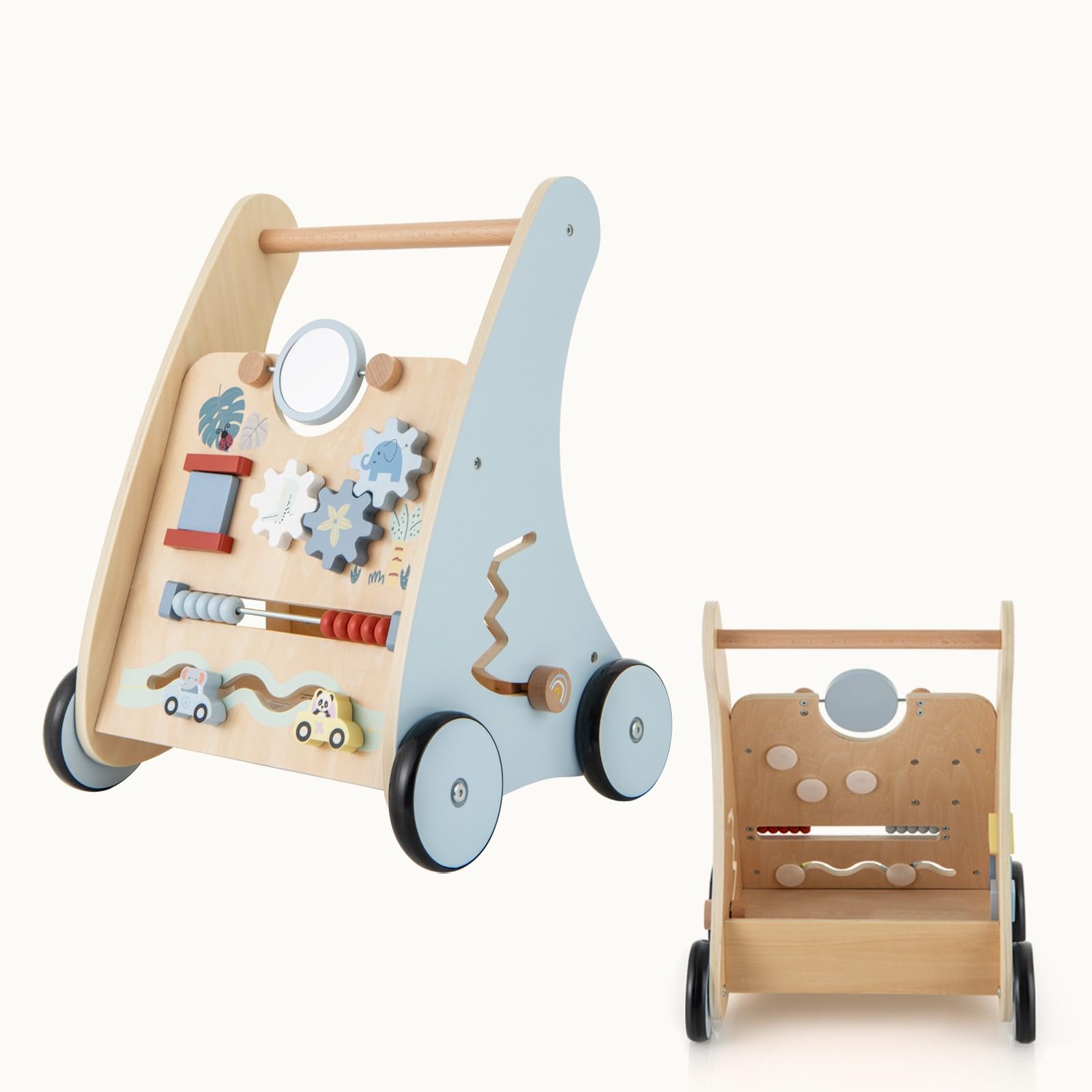 LIFEZEAL Girello Neonato in legno, Primi Passi per Bambini con Giocattoli Montessori, Carrello Primi Passi con Ruote, Gioco per Camminare, Carrellino con Banco da Lavoro per Bimbi da 3 Mesi (A)