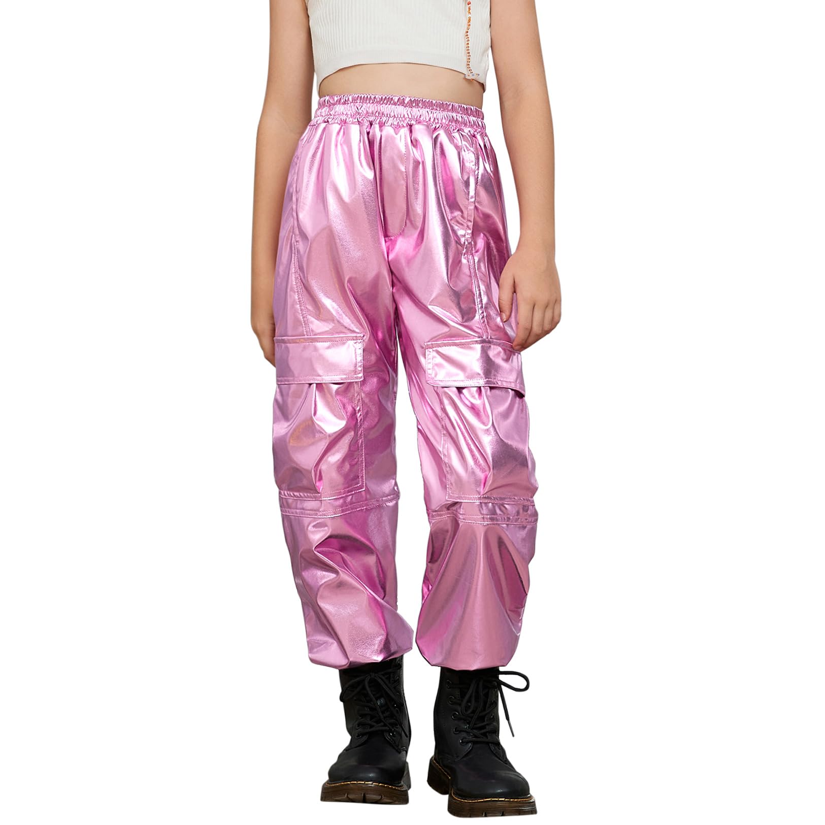 Perfashion Metallic Cargo Pants for Girls &amp; Womens Hip Hop Dance Multi-Pocket Joggers High Waist Pants 6-15Y
