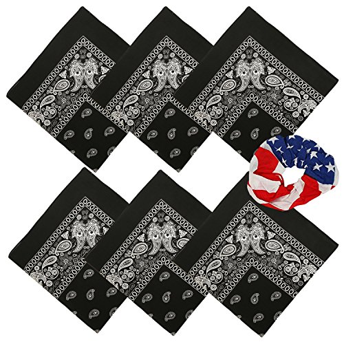 Large Bandanas 27 x 27 | Versatile Biker Rags | Classic Paisley Bandana Pattern, Black - 6 Pcs
