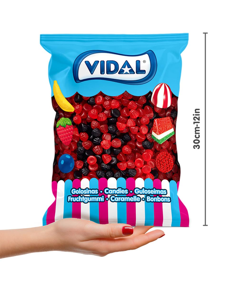 Vidal Golosinas Moritas Brillo Caramelos de goma mora brillante sabor intenso rojo negro sin gluten bolsa 645 u