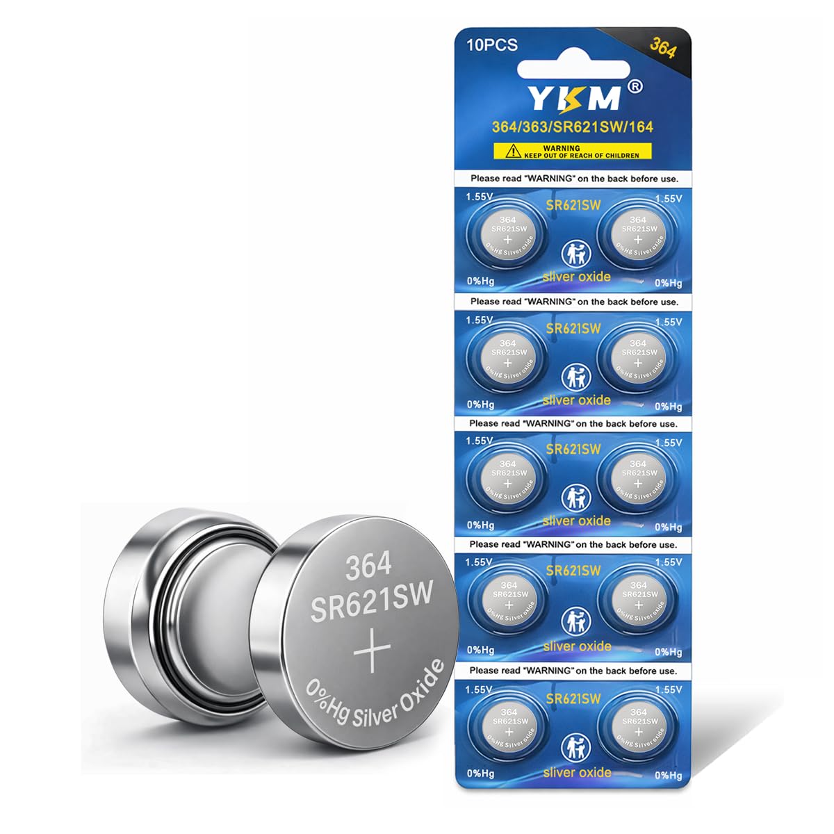 YKM 10 Pack 364 SR621SW Watch Battery AG1 364/363 LR621 V364 1.55V Silver Oxide Battery