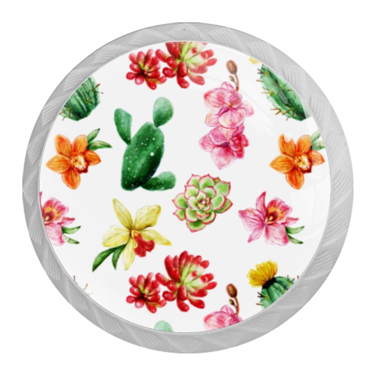 Tqmspg Multi14 4 Pieces Drawer Pulls Floral Cactus Door Knobs Dresser Handles For Kitchen Wardrobe Cupboard Hardware Furniture