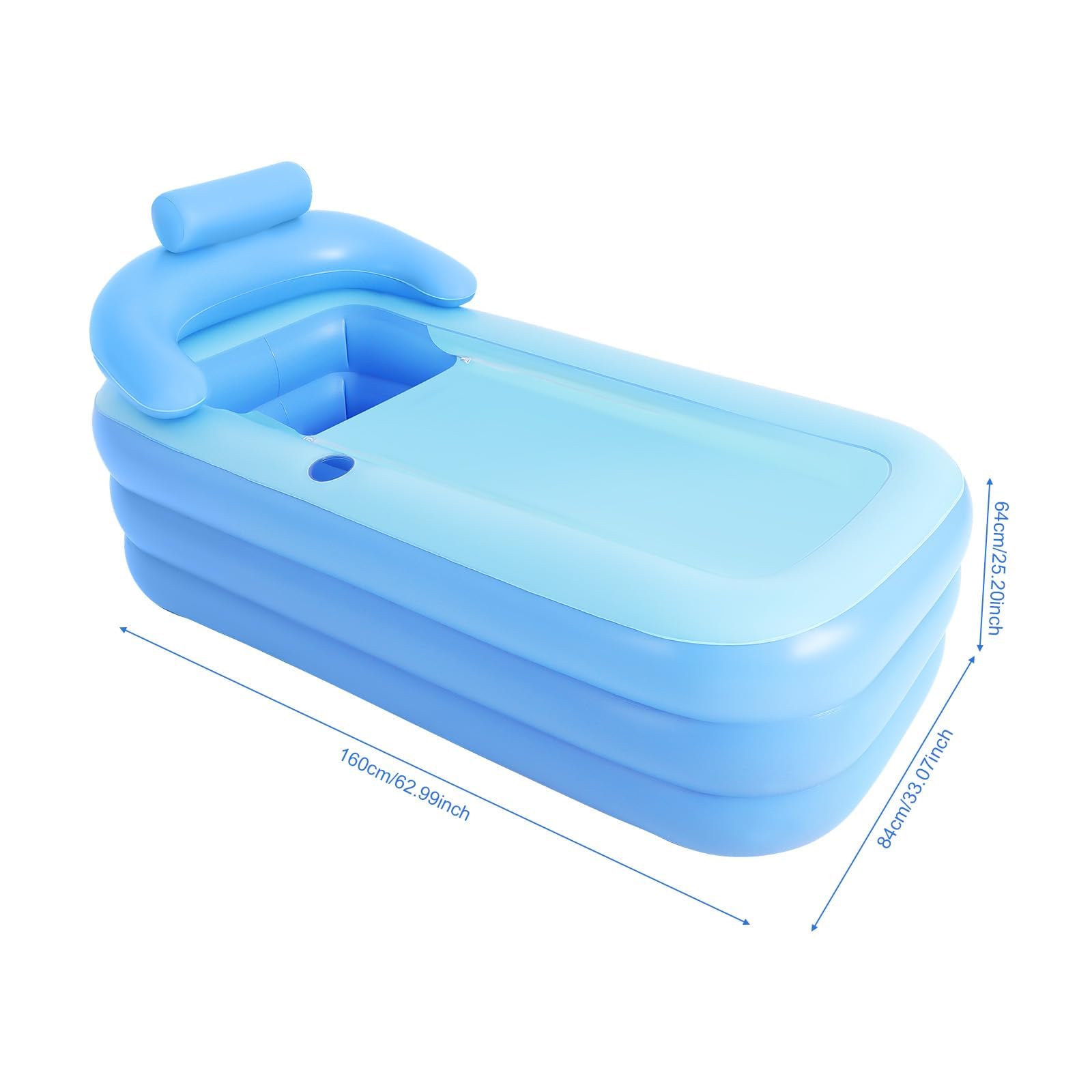 Baignoire gonflable bleue 160 x 84 x 64 cm, baignoire gonflable pliable avec fond rembourré et appui-tête, baignoire gonflable portable pour adultes, idéale pour la maison, le camping et l'extérieur