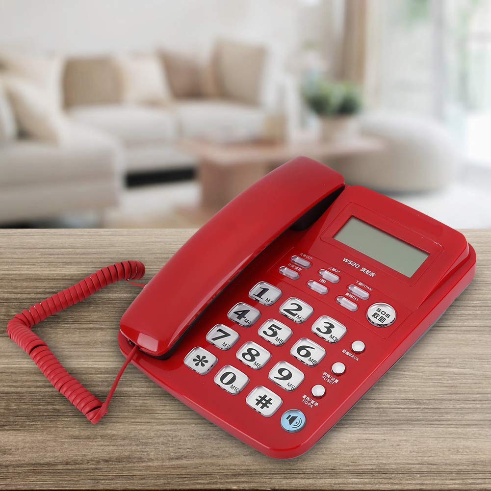 Telefono Fisso con Filo, Telefono Fisso Vivavoce da Tavolo, Telefono cablato, Display LCD, Supporta l'identificazione del chiamante, Sveglia per Ufficio/casa/Lavoro/Camera degli Ospiti (Rosso)