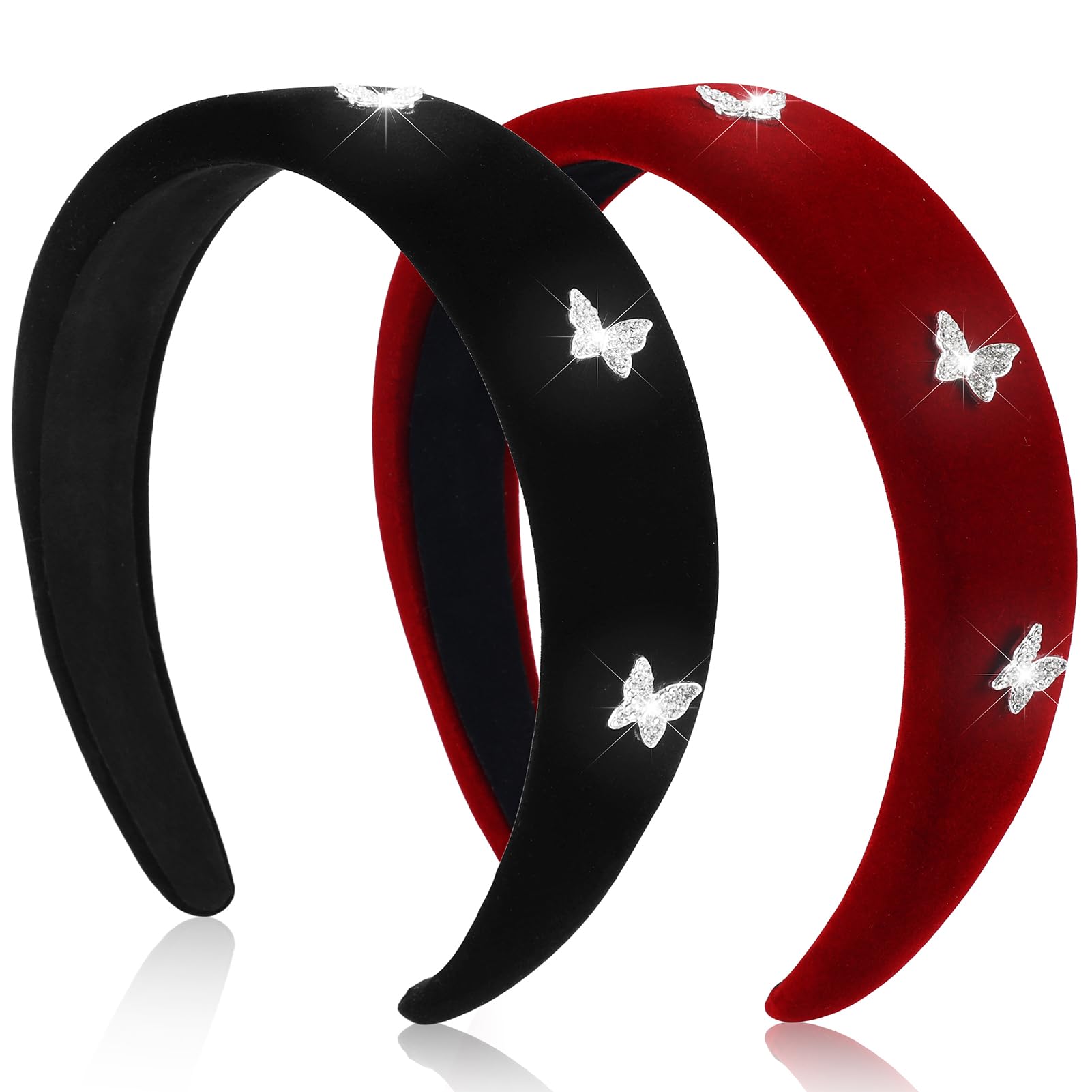 Diadema de terciopelo negro para mujeres y niñas, con diamantes de imitación y mariposa, paquete de diademas anchas antideslizantes y gruesas, para adultos, diademas suaves para cabello largo, corto,
