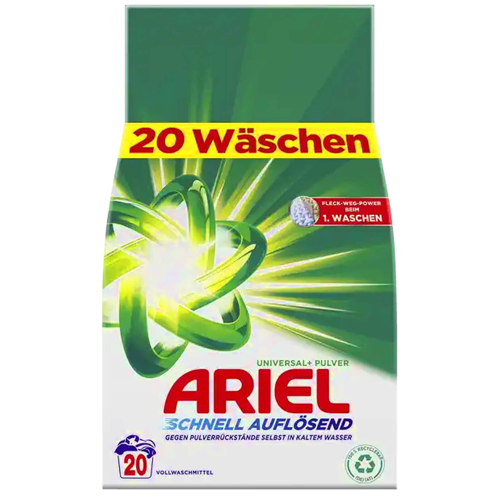 Ariel Detersivo universale a rapida dissoluzione + 1,2 kg, 20 lavaggi, eccellente rimozione delle macchie