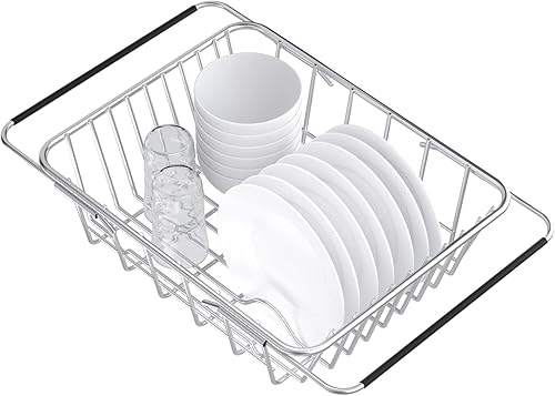 Escurridor de platos de acero inoxidable, ampliable, profundo y grande, sobre el fregadero, en el fregadero o en el escurridor de platos, a prueba