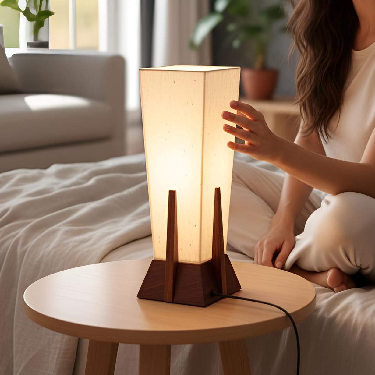 Drewniana lampa stołowa do sypialni, salonu domu dekoracyjne lampy stołowe do dekoracji wnętrz 14 cali kształt piramidy brązowy bez żarówki (dł. x szer. x wys.)