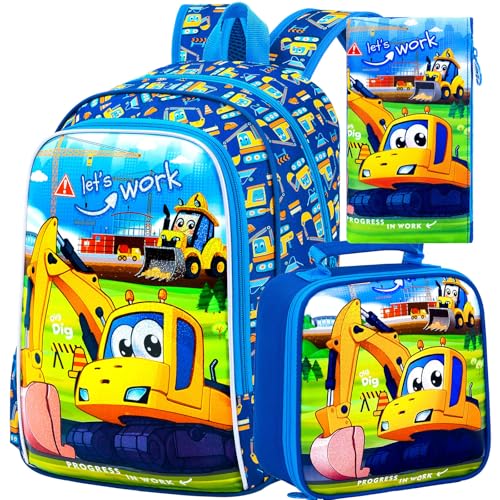 3PCS Excavator Backpack for Boys, 16'' Kids Water Resistant Preschool Bookbags Set, Cool Car Elementary Kindergarten School Backpacks and Lunch Box