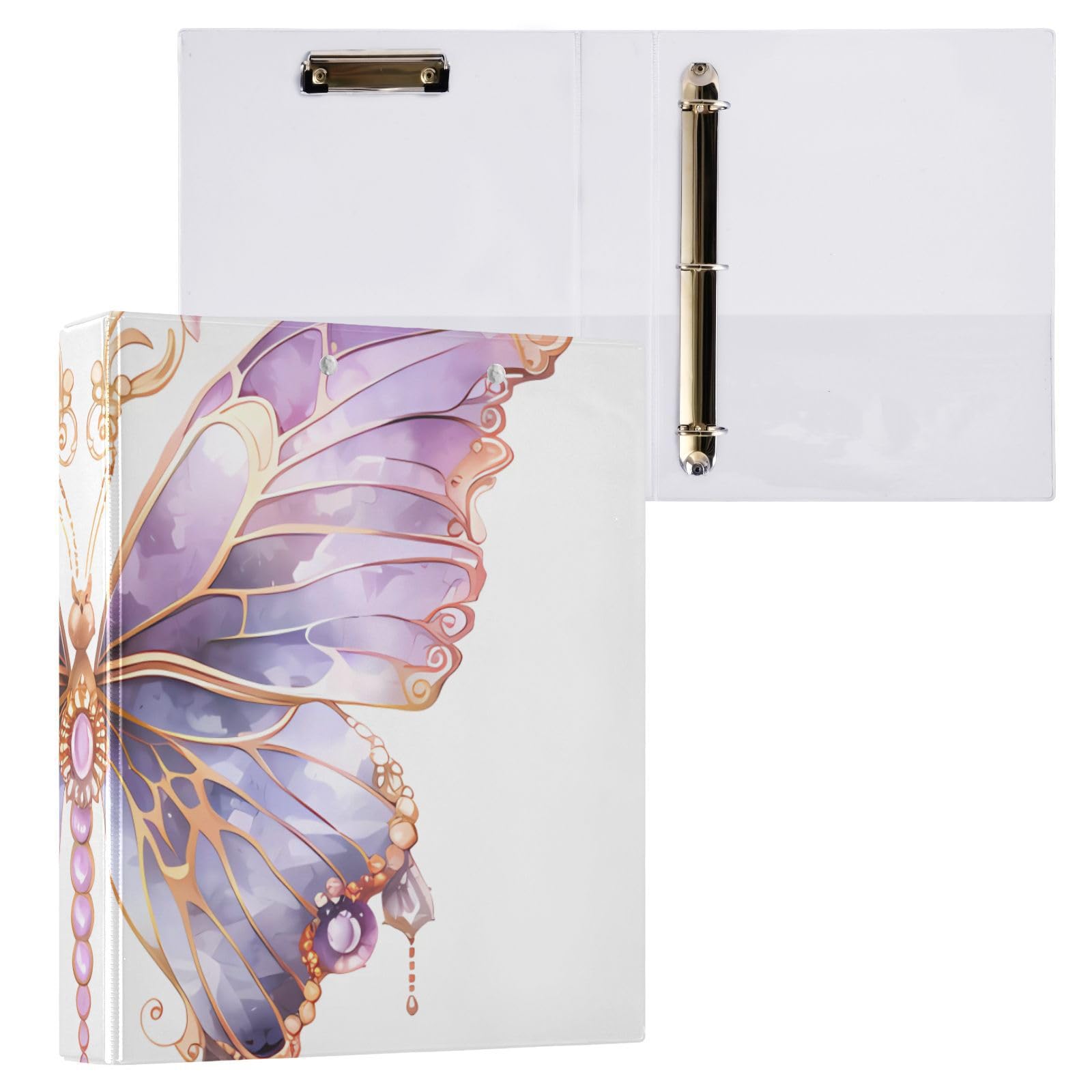 3 Ring Binder Butterflies Purple Butterfly 1.5 inch Binders Three Ring Binders with Clipboard Fit 8.5'' x 11'' Paper 3 Interior PVC Clear Pockets for Office Supplies