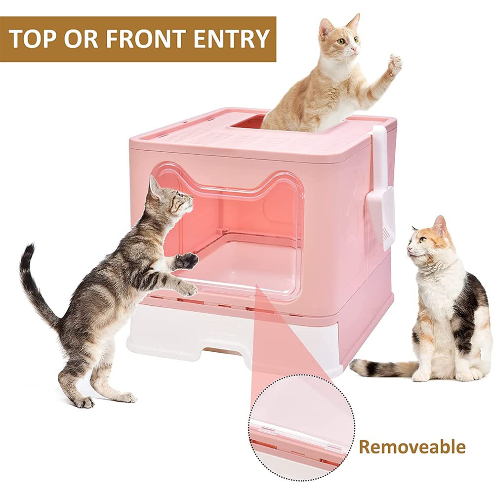 Bandeja de arena cerrada para gatos, gran casa Deles WC para gatos plegable con tapa con extracción de bandeja, pala y adecuada para gatos grandes (rosa cerezo, 51 x 41 x 38)