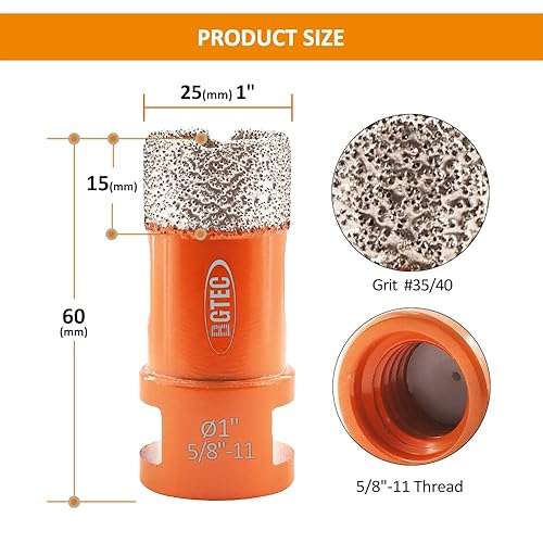 Miniatura 2 de BGTEC - Brocas de núcleo de diamante seco, 1 pieza de sierra de agujero de diamante de 1 pulgada y 0.984 in con rosca 58-11 para azulejos de