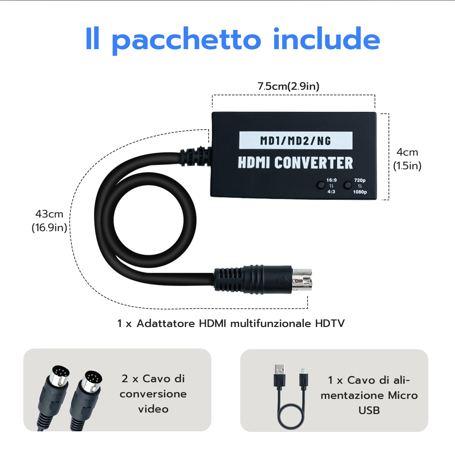 Mcbazel Adattatore HDMI Seamless per Mega Drive/NEOGEO per HDTV, Convertitore Video Multifunzionale 4:3/16:9, 720P/1080P per Mega Drive 1/Mega Drive 2/NEOGEO