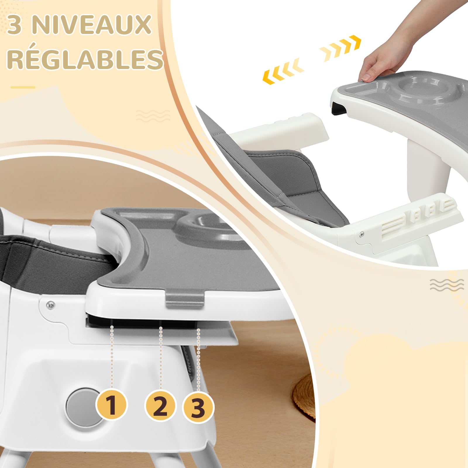 LEADZM 3 en 1 Chaise Haute Bébé Pliable, Plateau Double Amovible, avec Roulettes Pivotantes et Panier de Rangement, Convient aux Bébés de 6 à 36 Mois (Gris)