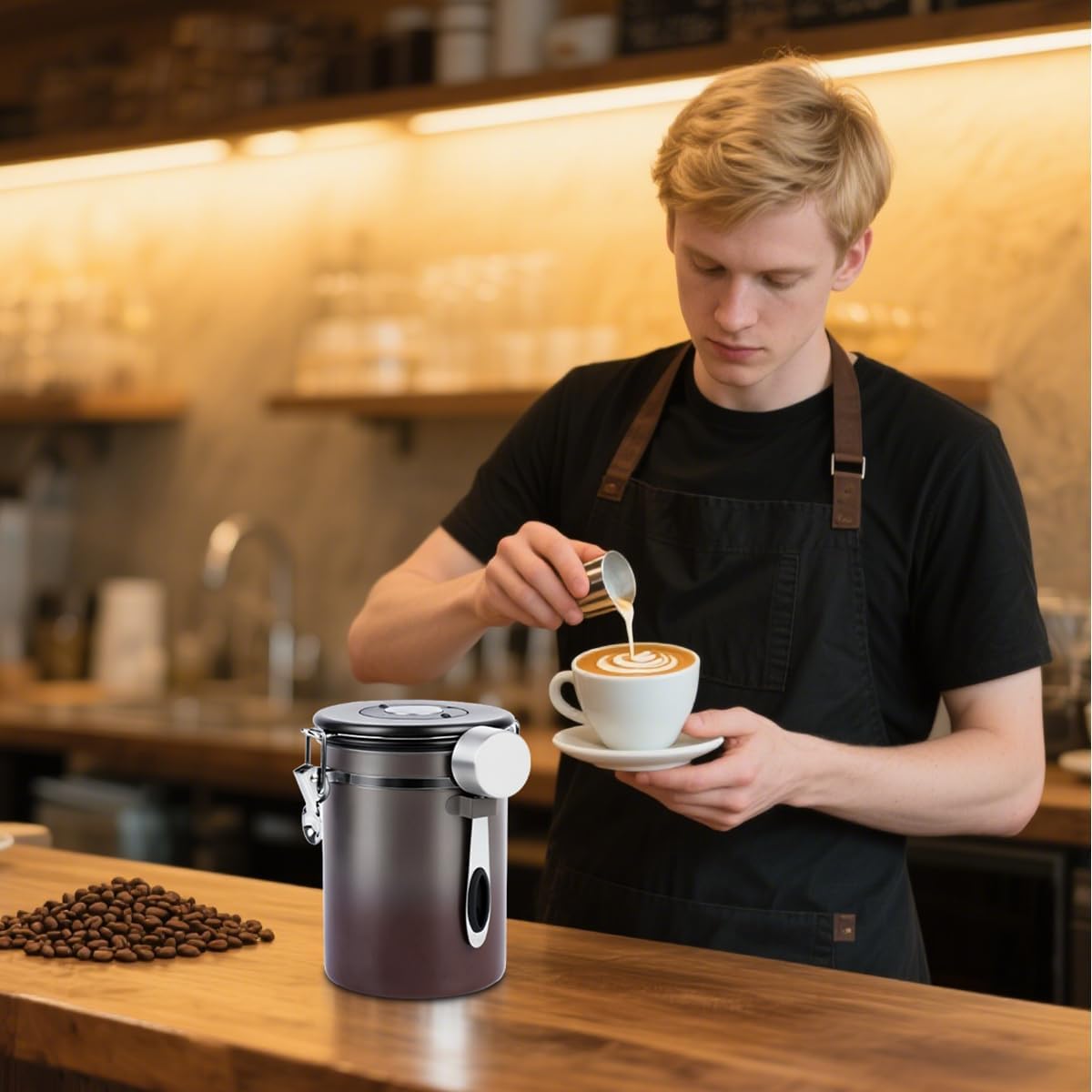 Coffee Canister Airtight Storage Container Stainless Steel Coffee Jar with Scoop,Date Tracker CO2 Release Valve for Dry Food Beans Ground Tea Flour Cereal and Sugar (1.8L Grey-Brown With Spoon(2pcs))