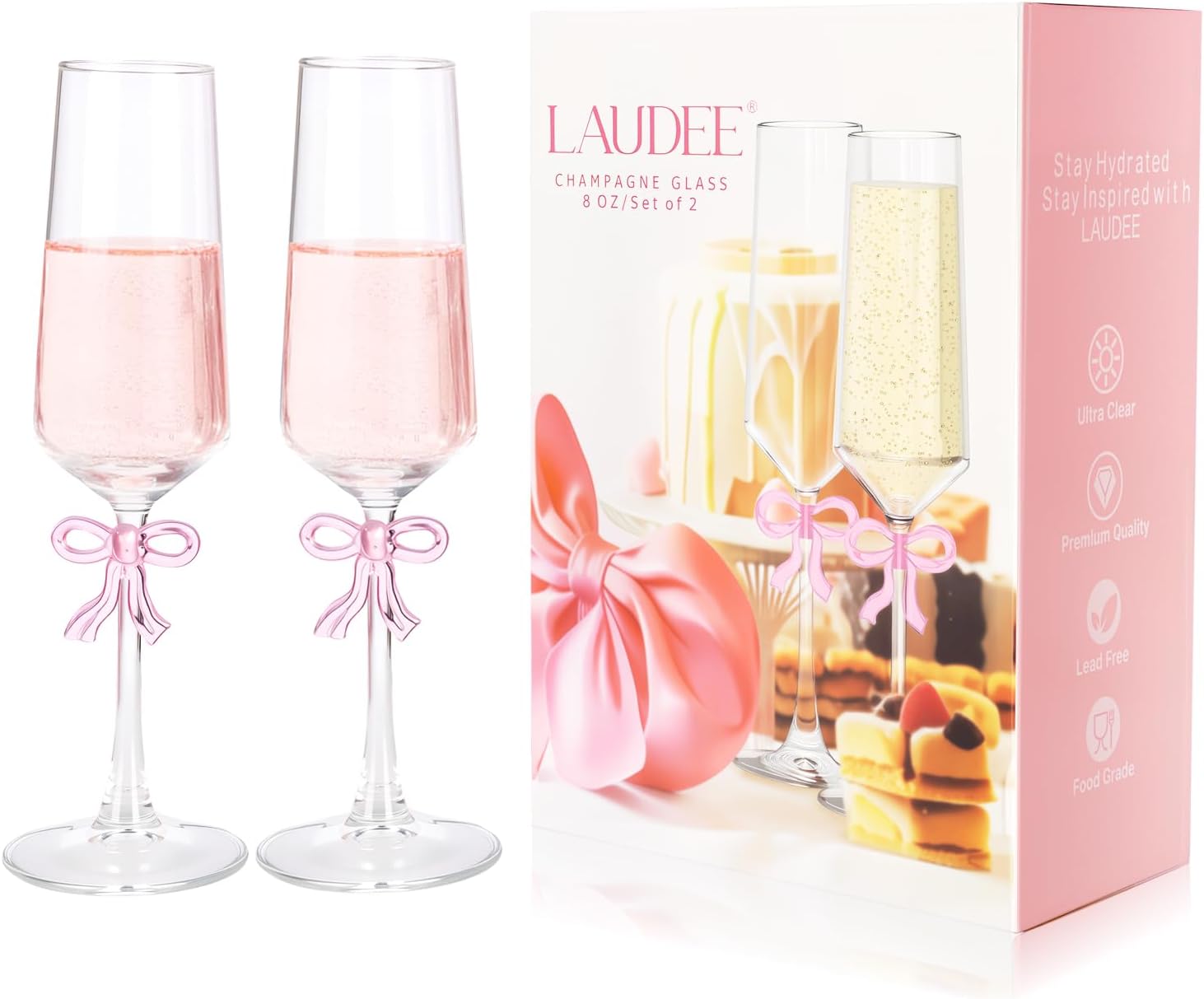 champagne glasses set closeup showing pink bow stem design - thoughtful gift idea