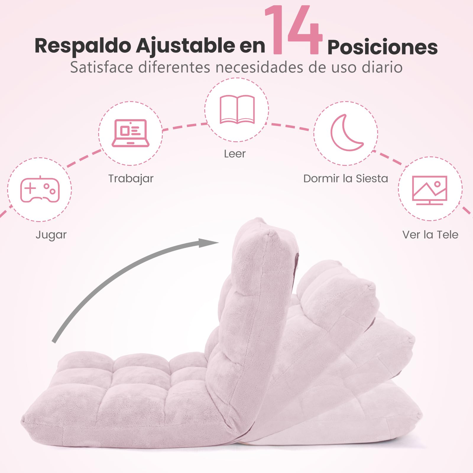 COSTWAY Sofá Suelo, Silla de Suelo Individual, Respaldo Ajustable en 14 Posiciones, Sofá Perezoso con Esponja Gruesa y Tela de Terciopelo, Silla Plegable de Meditación y de Lectura (Rosado Claro)
