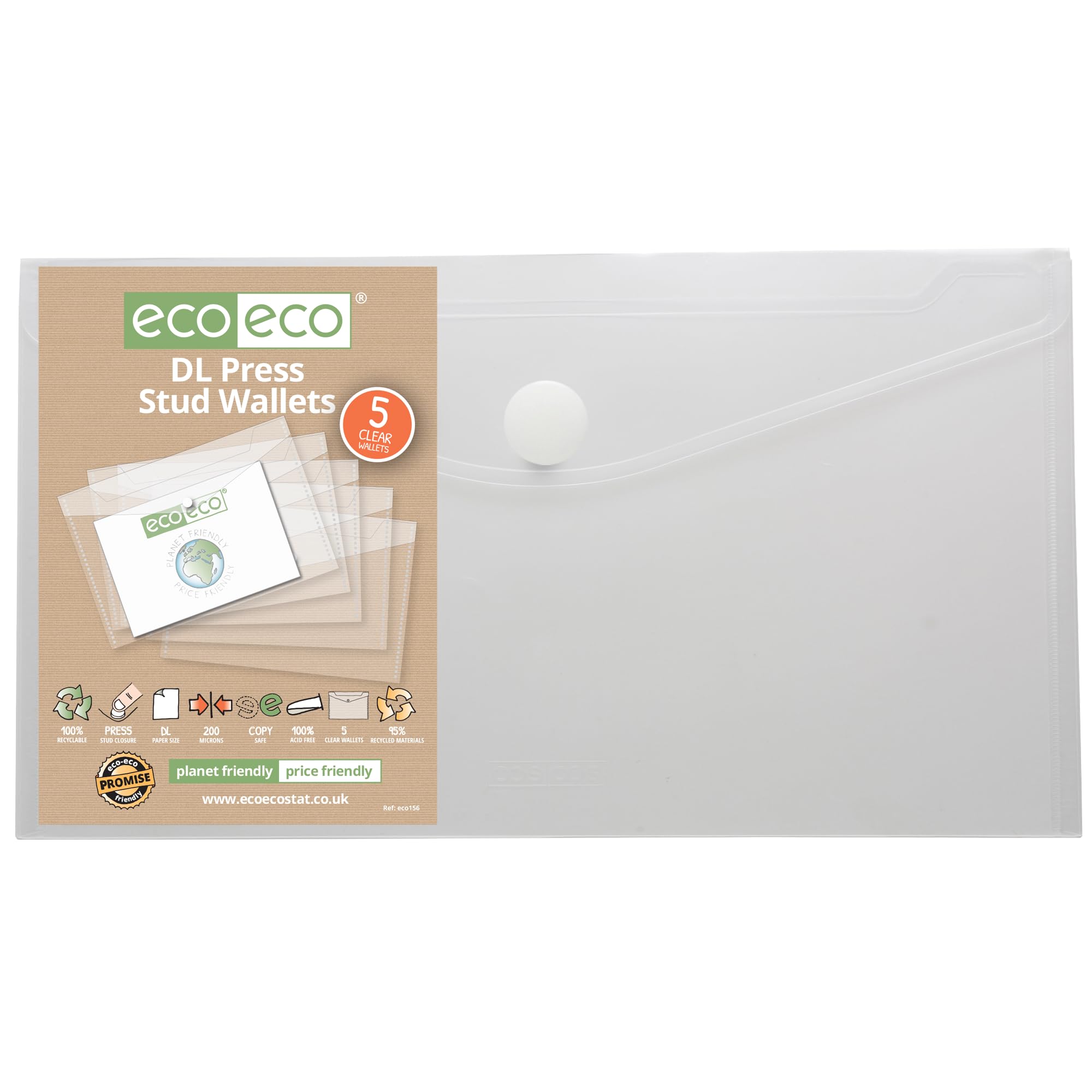 eco-eco DL 95% Recycled Clear Press Stud Popper Wallet, Plastic Folders (Pack of 5), eco156