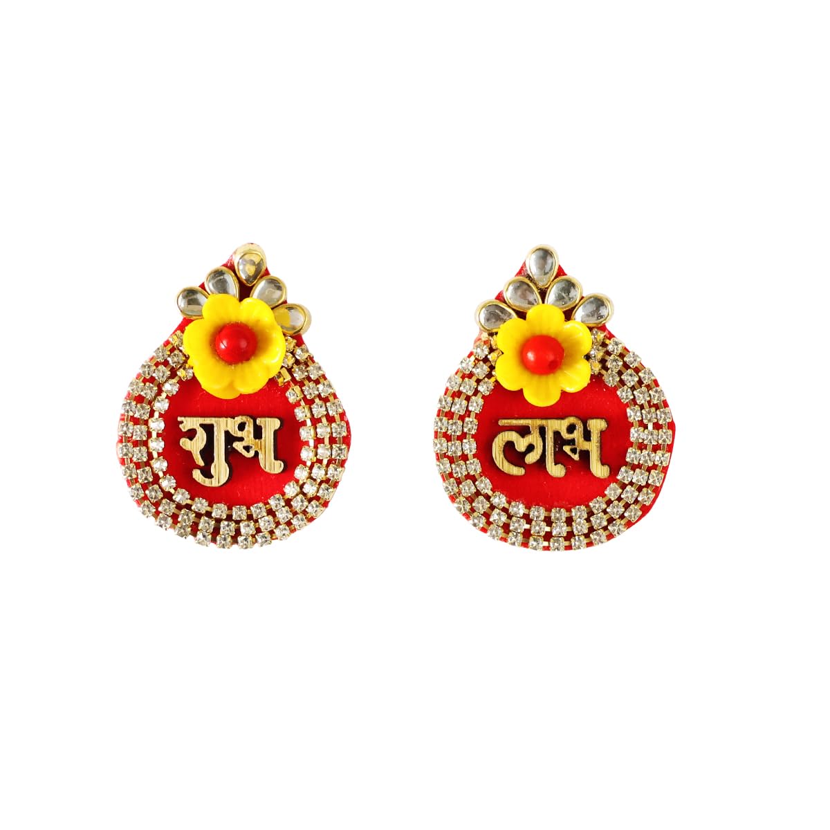 Shubhanjali Fabric Shubh Labh Sticker for Door 1 Pair | Oval Flower Sticker for Main Door Entrance Diwali Wall Décor Puja Room Festival Decoration