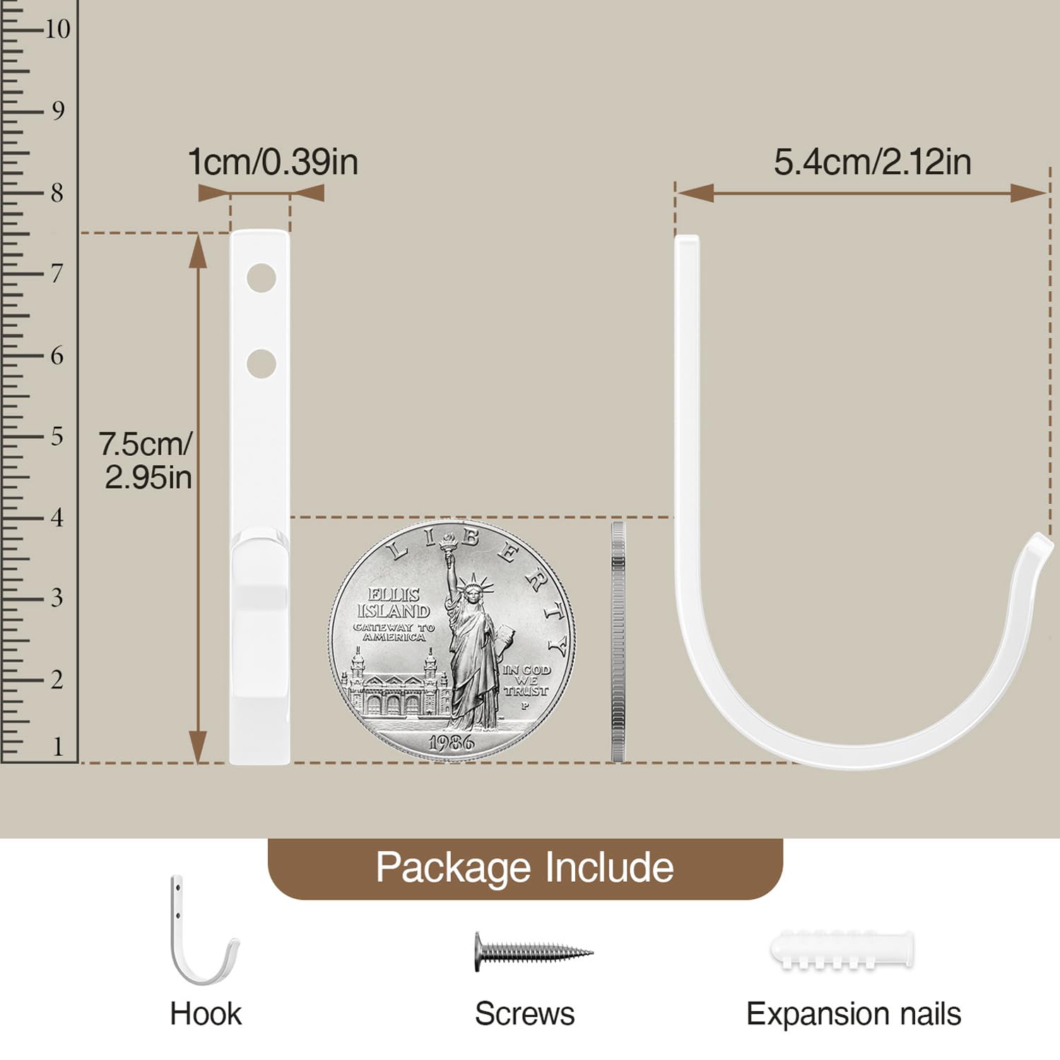 Josmimic 10-Pack Wall Hooks for Towel/Coat - 22LB Heavy Duty Metal Hanger Wall Mount, for Outdoor, Closet, Door, Shelf, Bathroom, for Backpack, Cup, Clothes, Mug, White Matte Screws Included