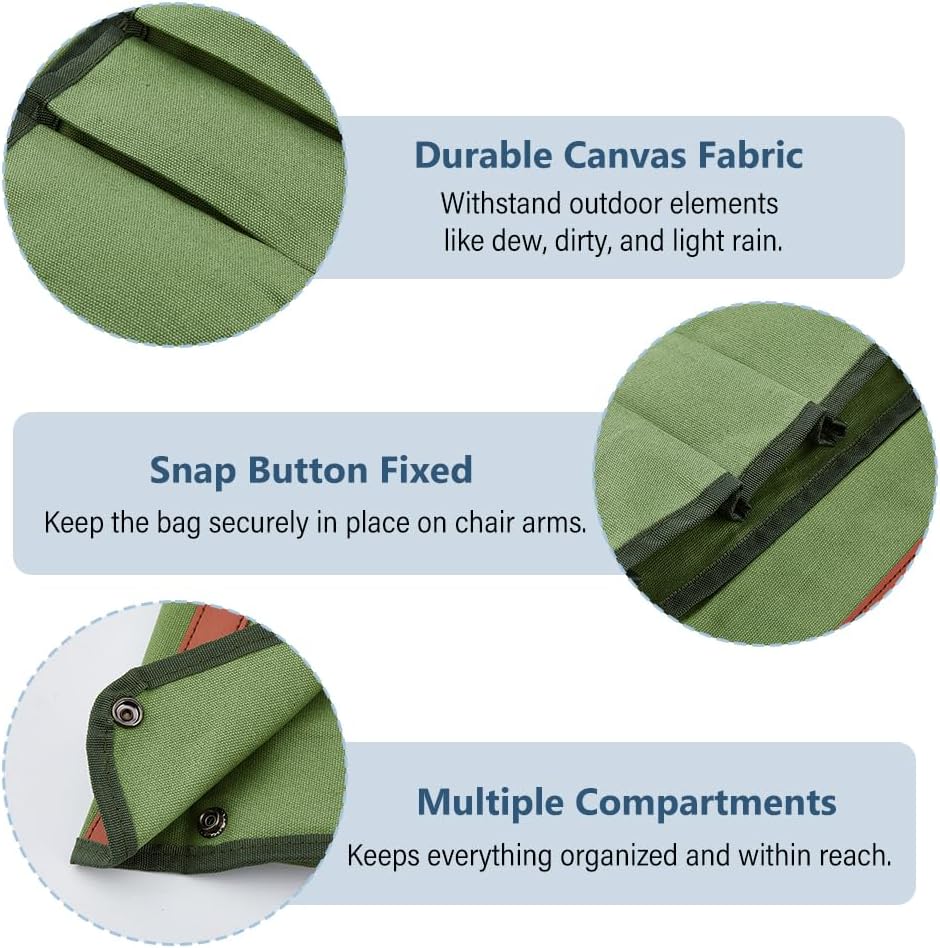 SUPERFINDINGS 2Pcs Camping Chair Armrest Organizer Green Folding Chair Storage Bag Pouch with 4 Pockets Rest Side Magazines Snacks Bag Cloth Outdoor Chairs Armrest Storage Bags for Camping Daily Use image 4