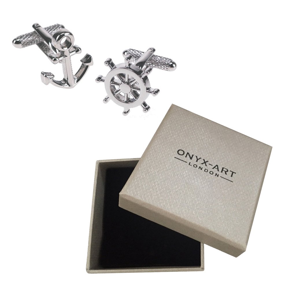 Mens Anchor & Wheel Sailing Boat Cufflinks & Gift Box By Onyx Art