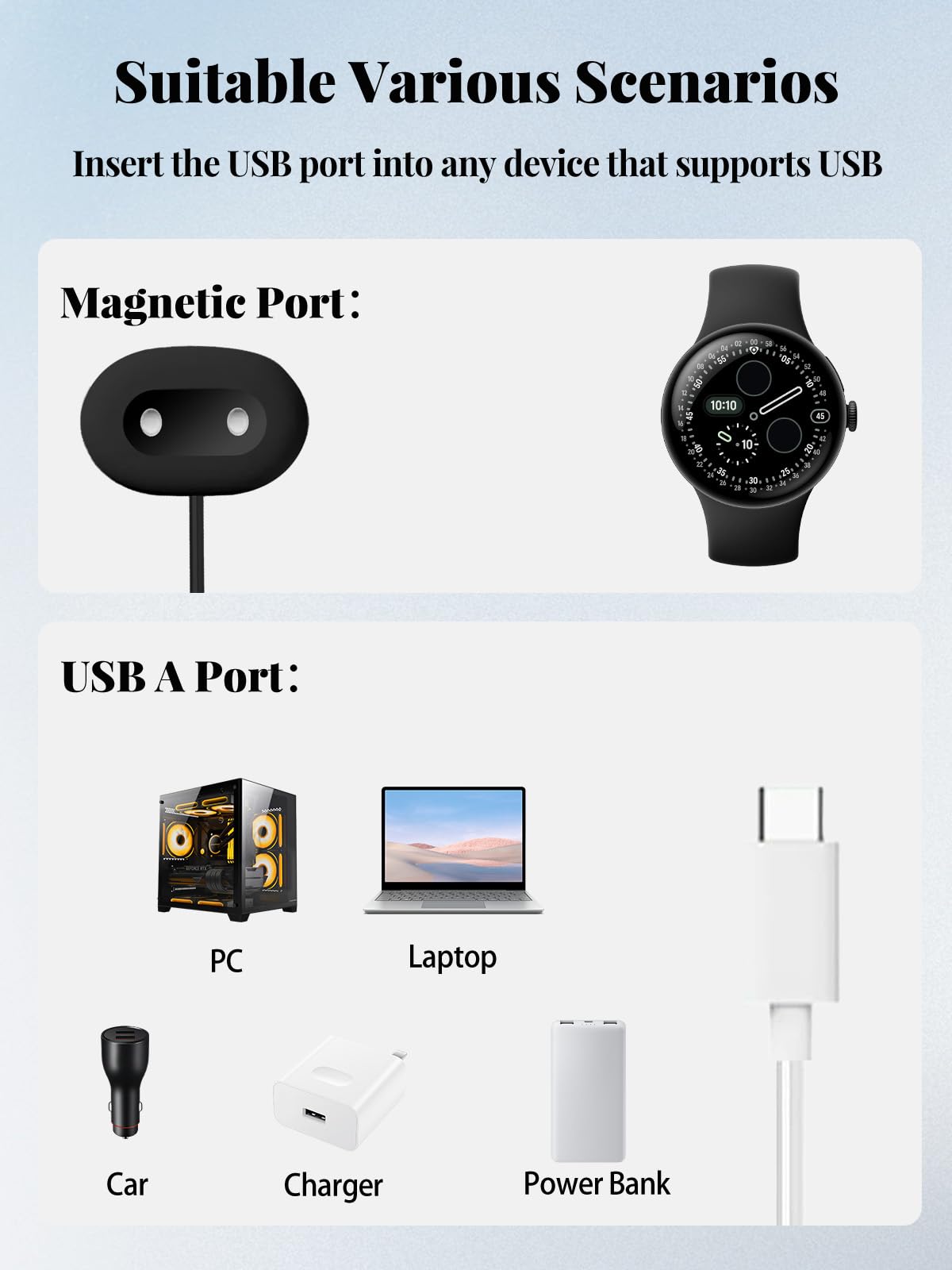 Cable de carga para Google Pixel Watch 4 (41 mm/45 mm) con base, cable de carga rápida magnético tipo C para Google Smart Watch, paquete de 2 (negro)