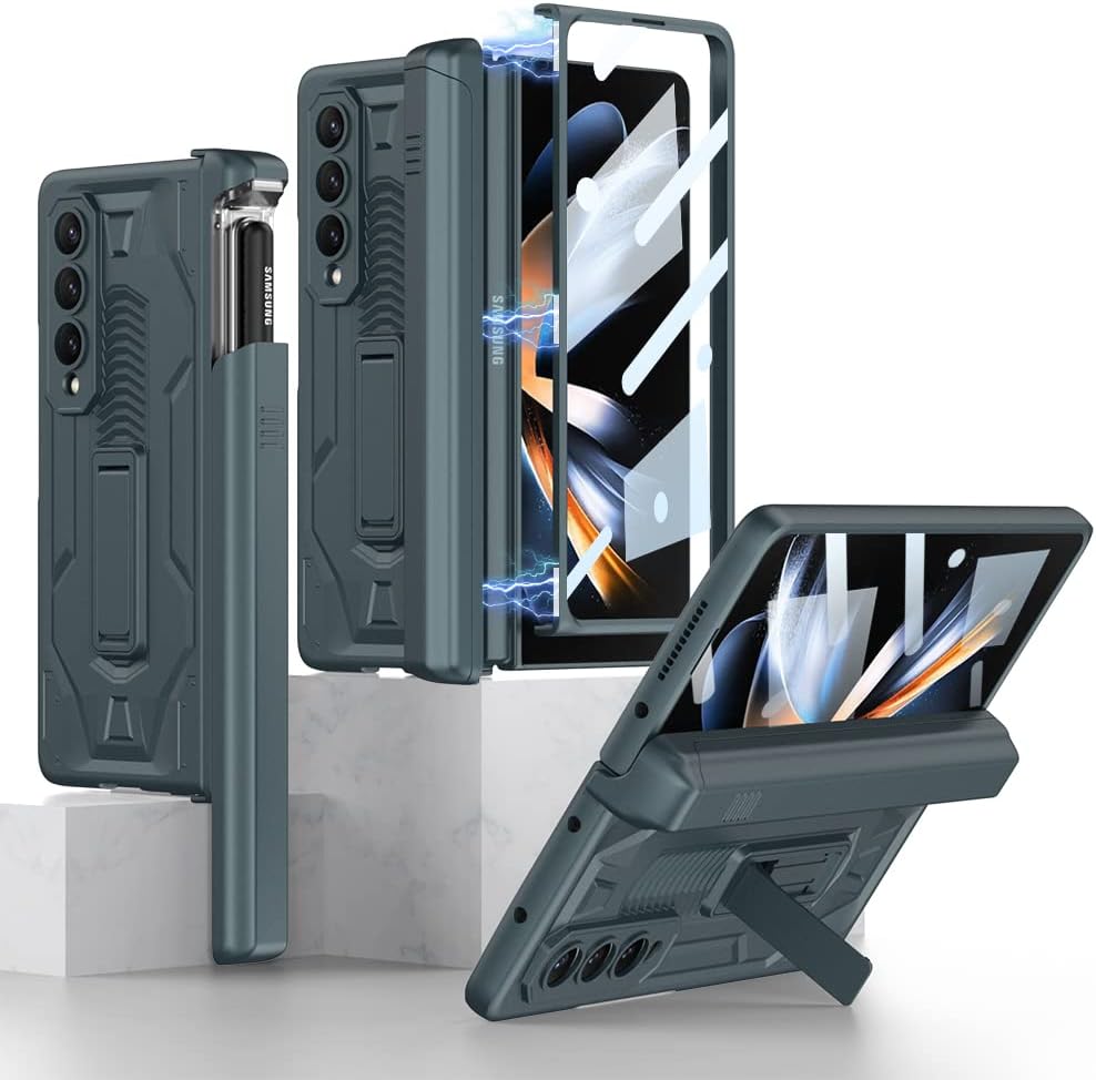 SHIEID Z Fold 4 Case with S Pen Holder, Galaxy Z Fold 4 Case with Screen Protector & Kickstand & Hinge Protection Case for Samsung Galaxy Z Fold 4, Dark Green