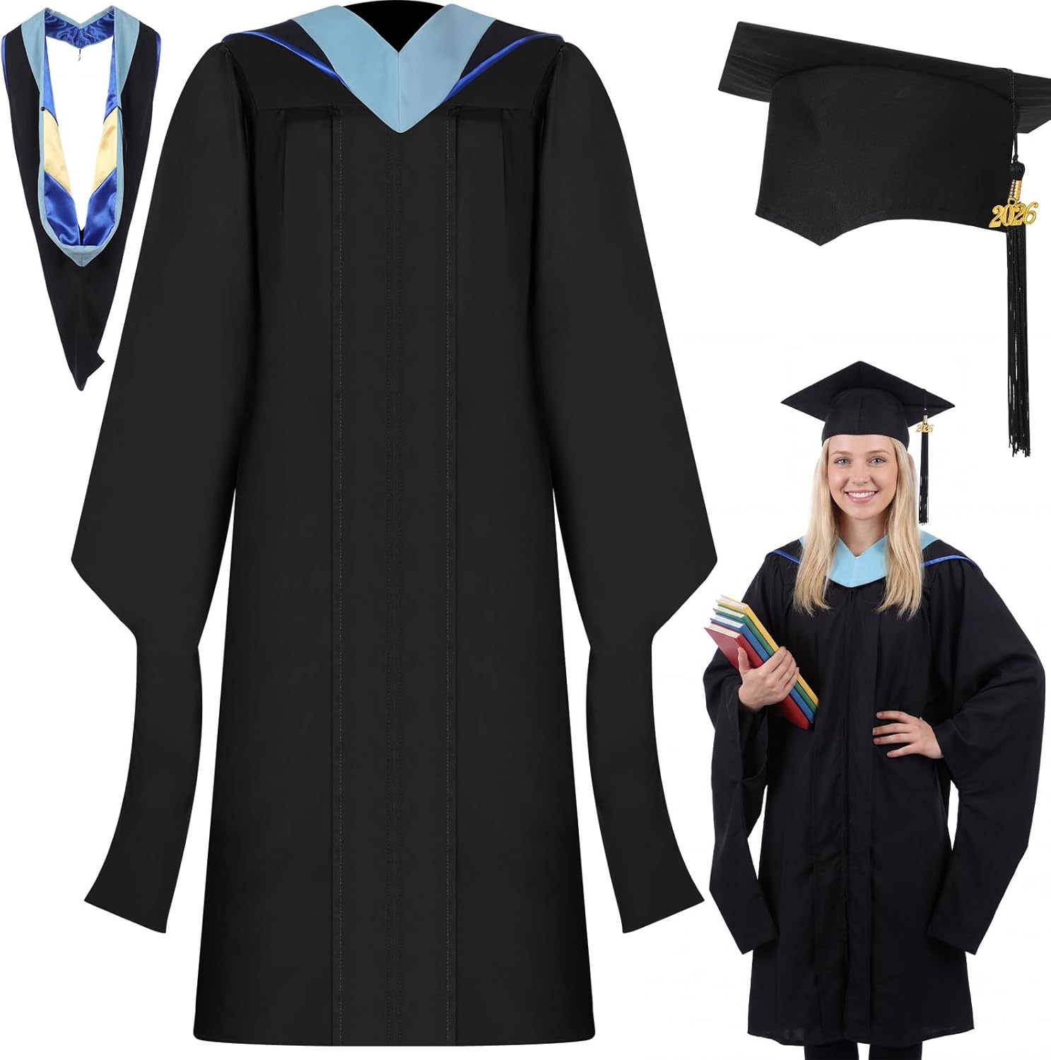 Mepase Master Graduation Cap Gown and Hood 2026 Black Unisex Master Degree Graduation Regalia with Cap Gown Tassel