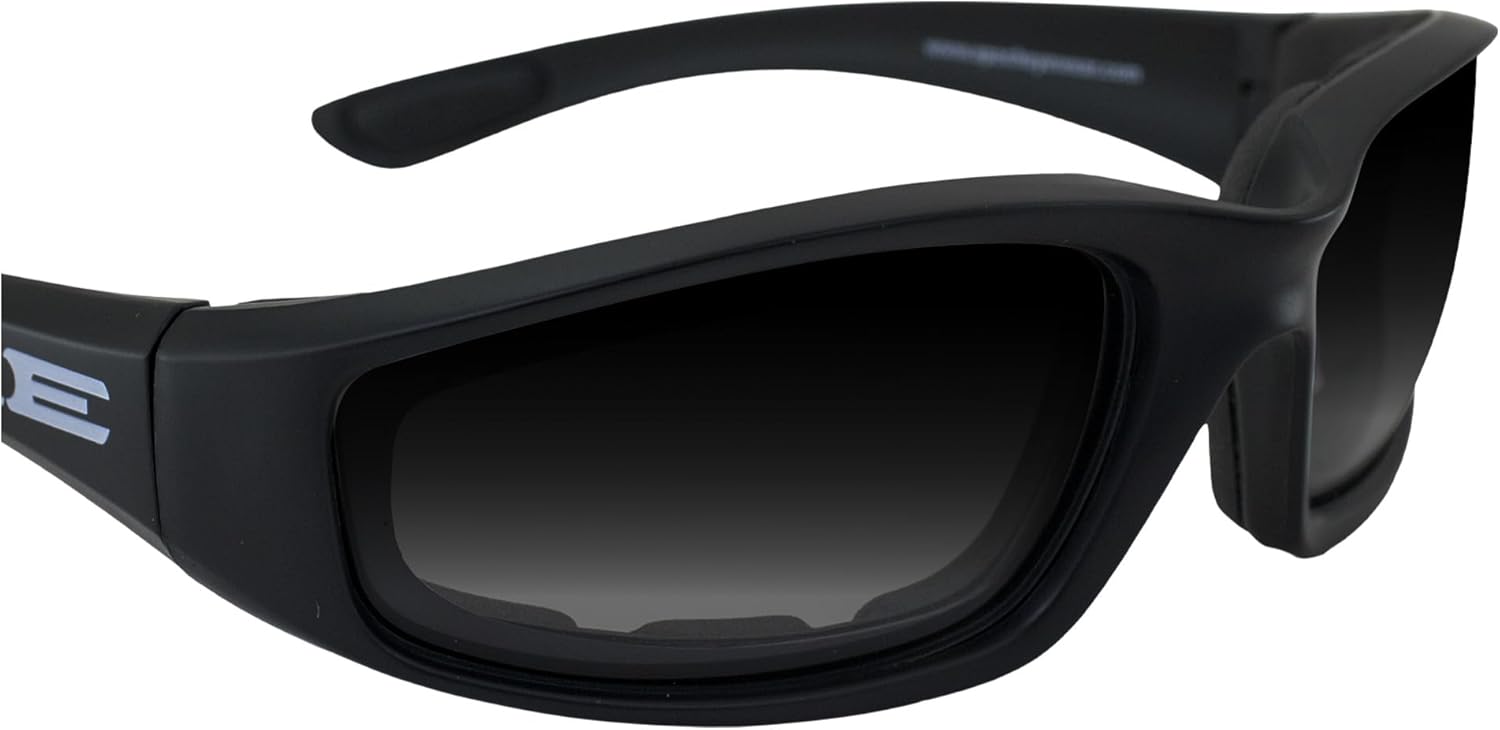 Epoch Eyewear Photochromic Motorcycle Sunglasses Glasses Foam Padded Black Frame w/Clear to Smoke Lens